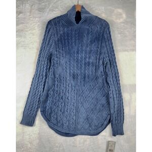 Heather B Women M Sweater Distressed Look Blue Turtleneck Cable Knit Chunky Warm